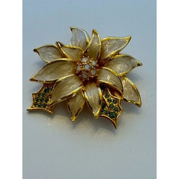 Nolan Miller Poinsettia Christmas Brooch Pin Enamel Rhinestones Fashion Jewelry - Picture 3 of 9